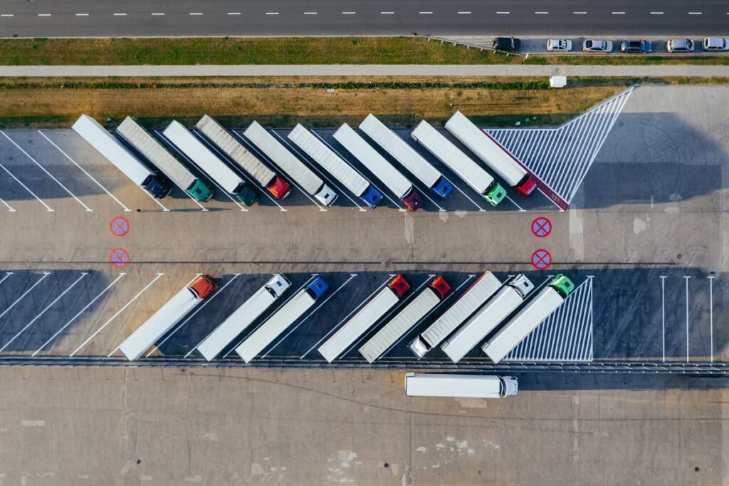 trucks lined up on a parking lot
